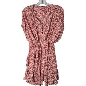 Free People‎ Sz S Red Floral Print Lightweight Smocked Tie Waist Mini Dress
